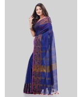 DESH BIDESH Women`s Cotton Handloom Cotton Silk Saree Gulab Work With Blouse Piece(Deep Blue)